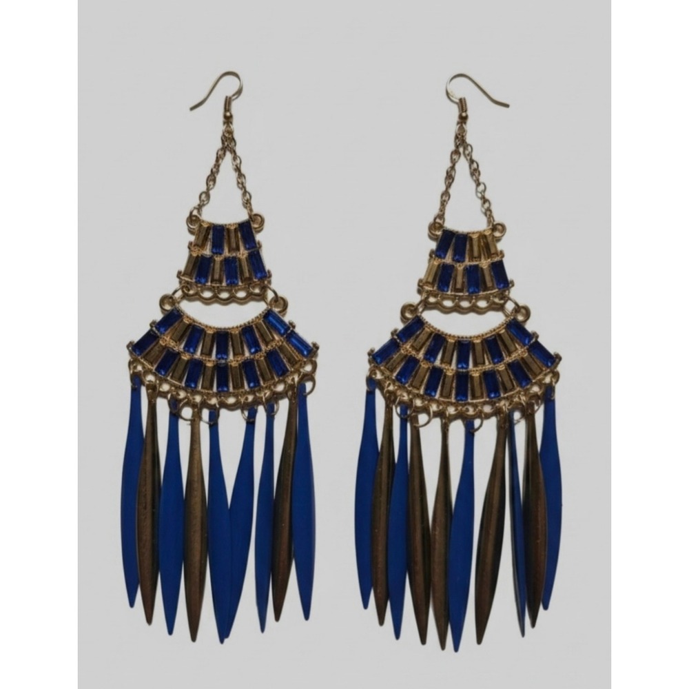 Cobalt Blue Gold Tiered Chandelier Fringe Spike Statement Earrings Art Deco